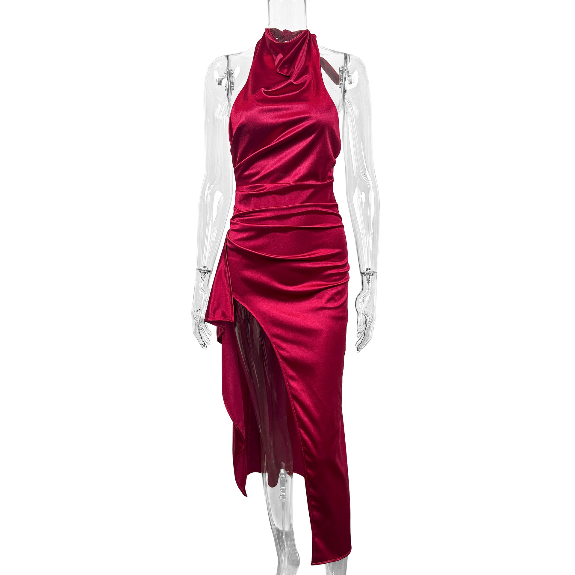 New round neck autumn dress for womens sexy slit lace up backless pleated hip hugging long skirt