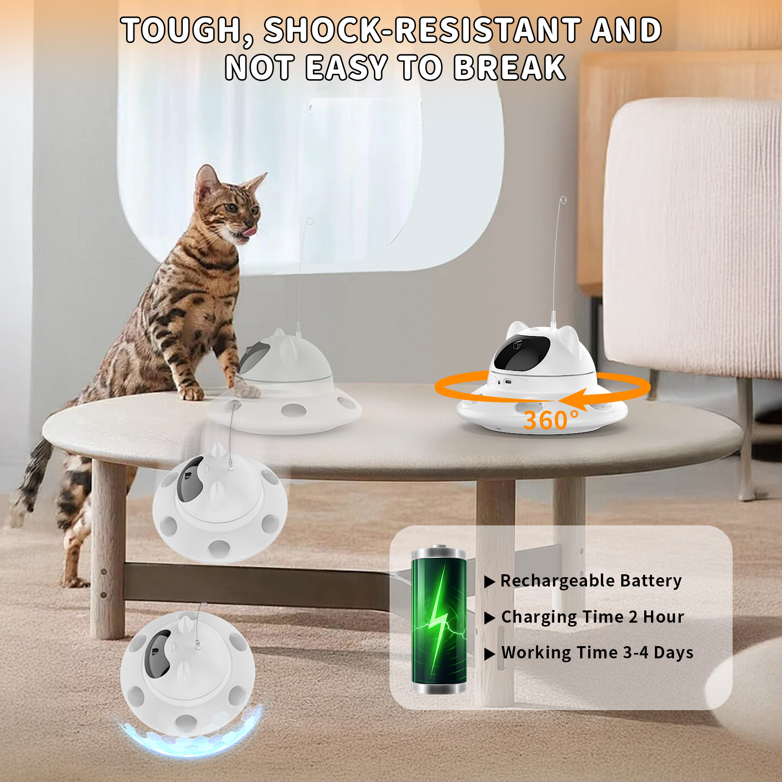 Interactive 3-In-1 Cat Toy with 6-Hole Whack-a-Mole Feature - Motion Activated, Feather Chase, USB Rechargeable