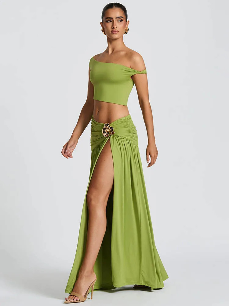 Mozision Elegant Dress Set Women Skew Collar Crop Top And Split Skirt Matching Set Fashion Backless Pleated Skirt Two Piece Set 250617