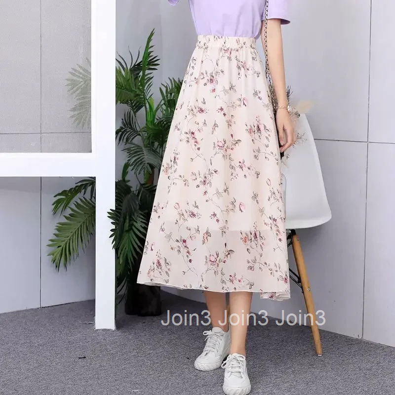 Woman Skirt High Waist Chiffon Midi Skirts for Women Floral Korean Style 2025 Trend New in Harajuku Luxury Elegant Stylish V