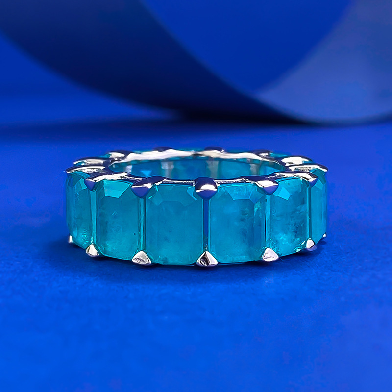 Elegant Rectangular Paraiba-Inspired 925 Sterling Silver Band Featuring a Line of Sparkling Diamonds