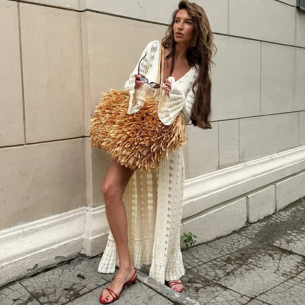 Talenza Womens Casual Cardigan Summer Hollow Out Long Sleeve Loose Vacation Long Cardigan Vintage Ruffle Female Long Dresses 250617