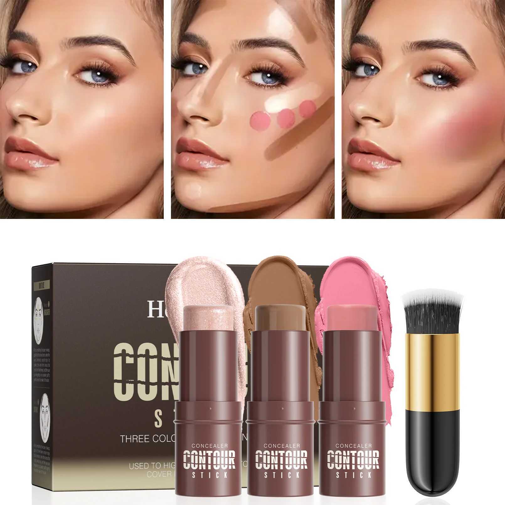 Contour Stick Set with Highlighter Blush Bronzer Plus Golden Powder Brush - Waterproof Cream for All Tones Medium Coverage XJ250618