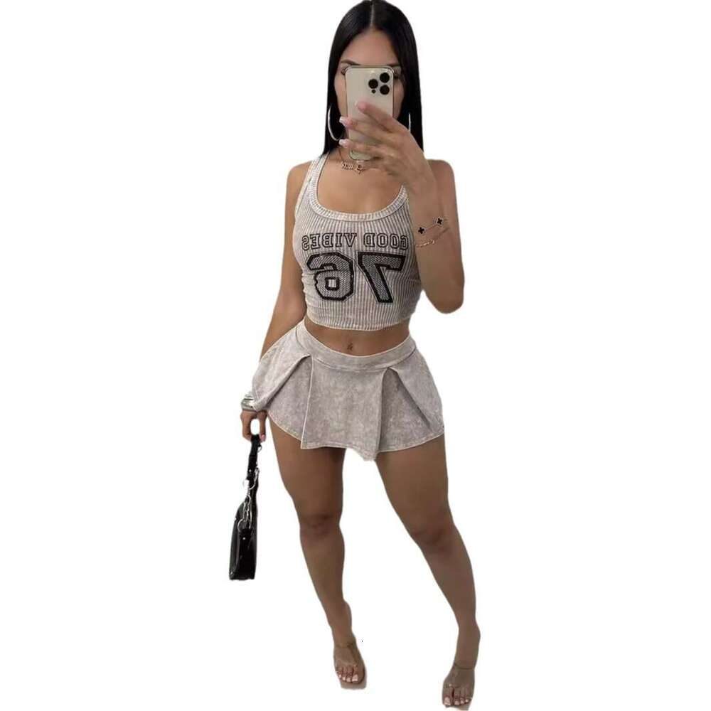 Summer New Letter Ribbed Tight-Fitting Spicy Girl Short Vest Top Pleated Skirt Set B5