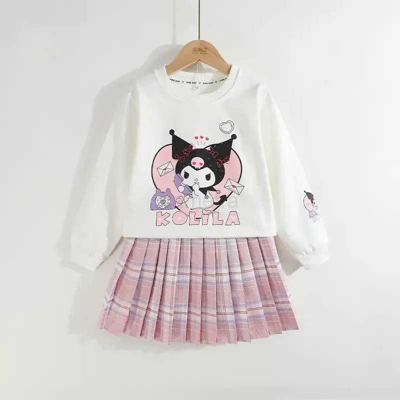 Sanrio Anime Sanrio Children Clothes Kids Set Kuromi Long Sleeve Sweater Tops Checkered Pleated Skirt Girls Festival Clothing Gift XJ250618