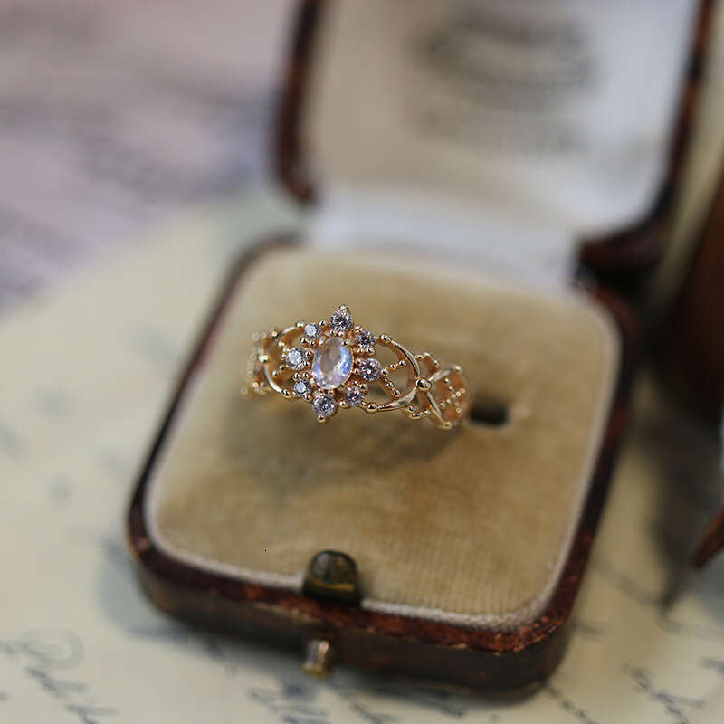 New Christmas Ring First Snow Crystal Moonstone Grid Lace Hollow Gold Plated Niche Design Ins
