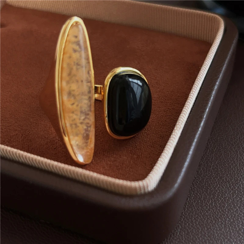 Natural black agate asymmetrical irregular French vintage open rings finger accessory 250618