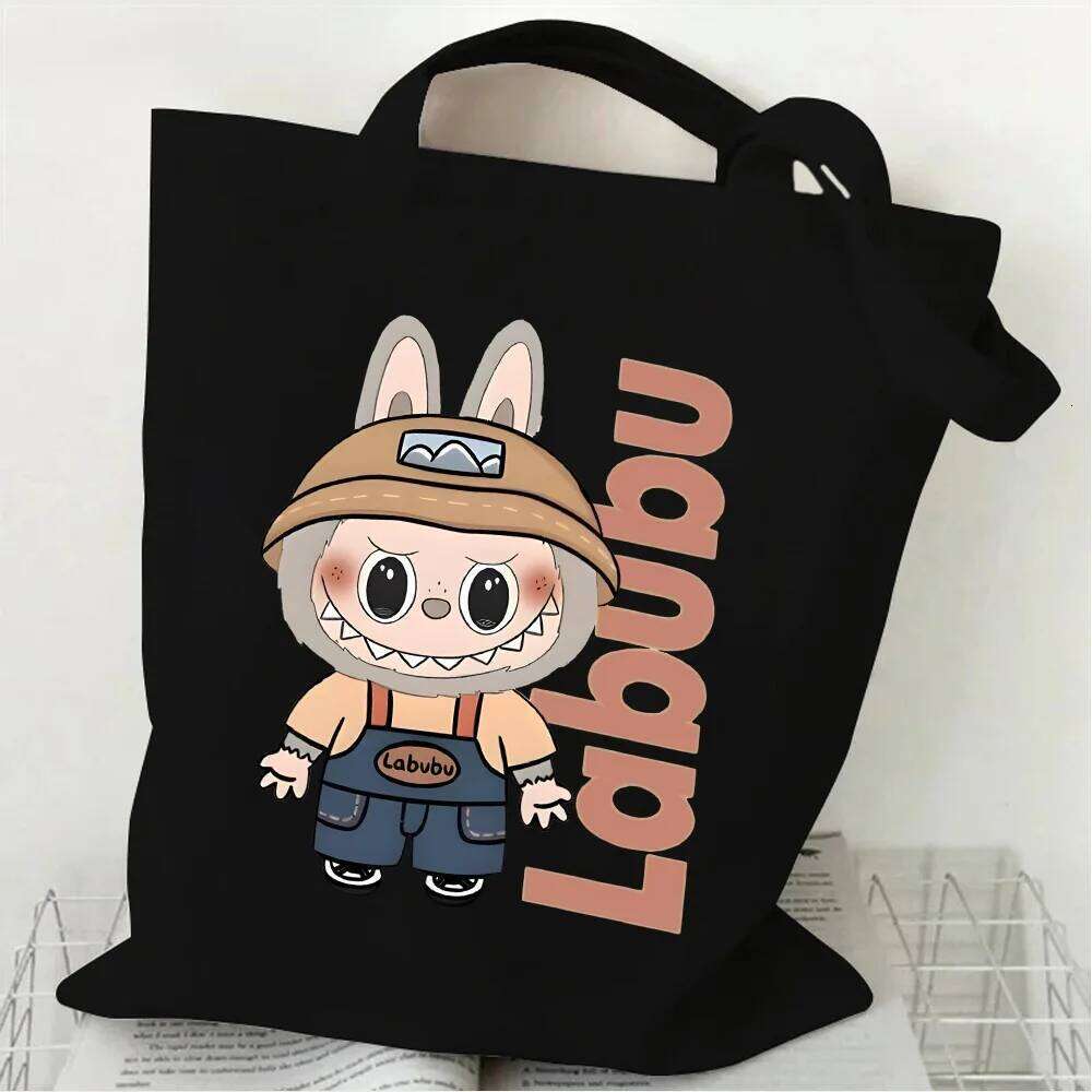 Women's Cute Canvas Tote Reusable Cotton For Lunch Shopping And Beach, LABUBU Cartoon Pattern Shoulder Bag