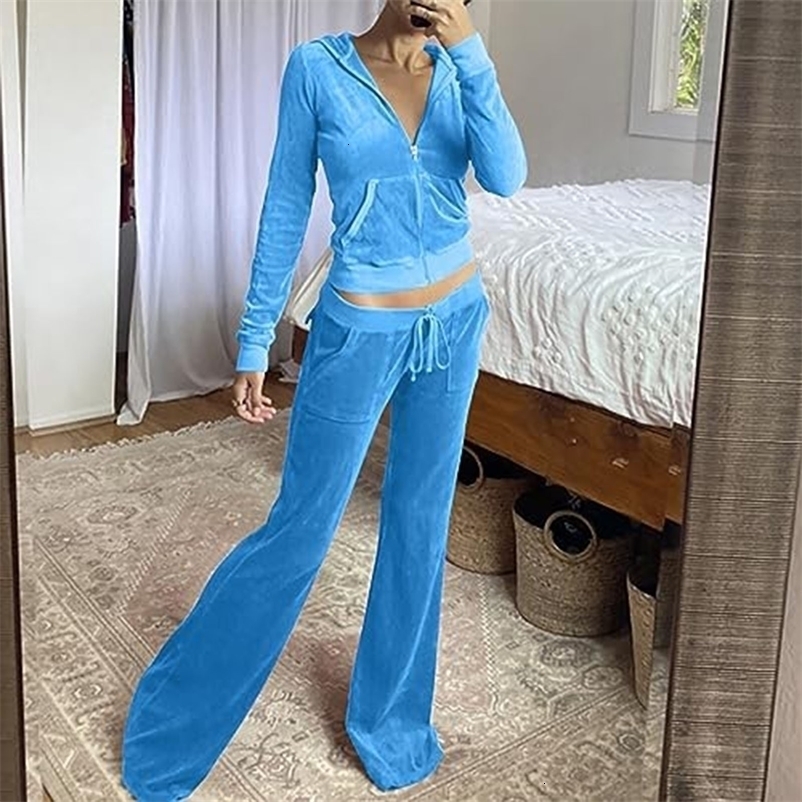Women Velvet Jogging Suit Autumn Casual Velour Hoodie Cropped Top Jacket With Wide Leg Pants Tracksuits Womens Two Piece Set 250617