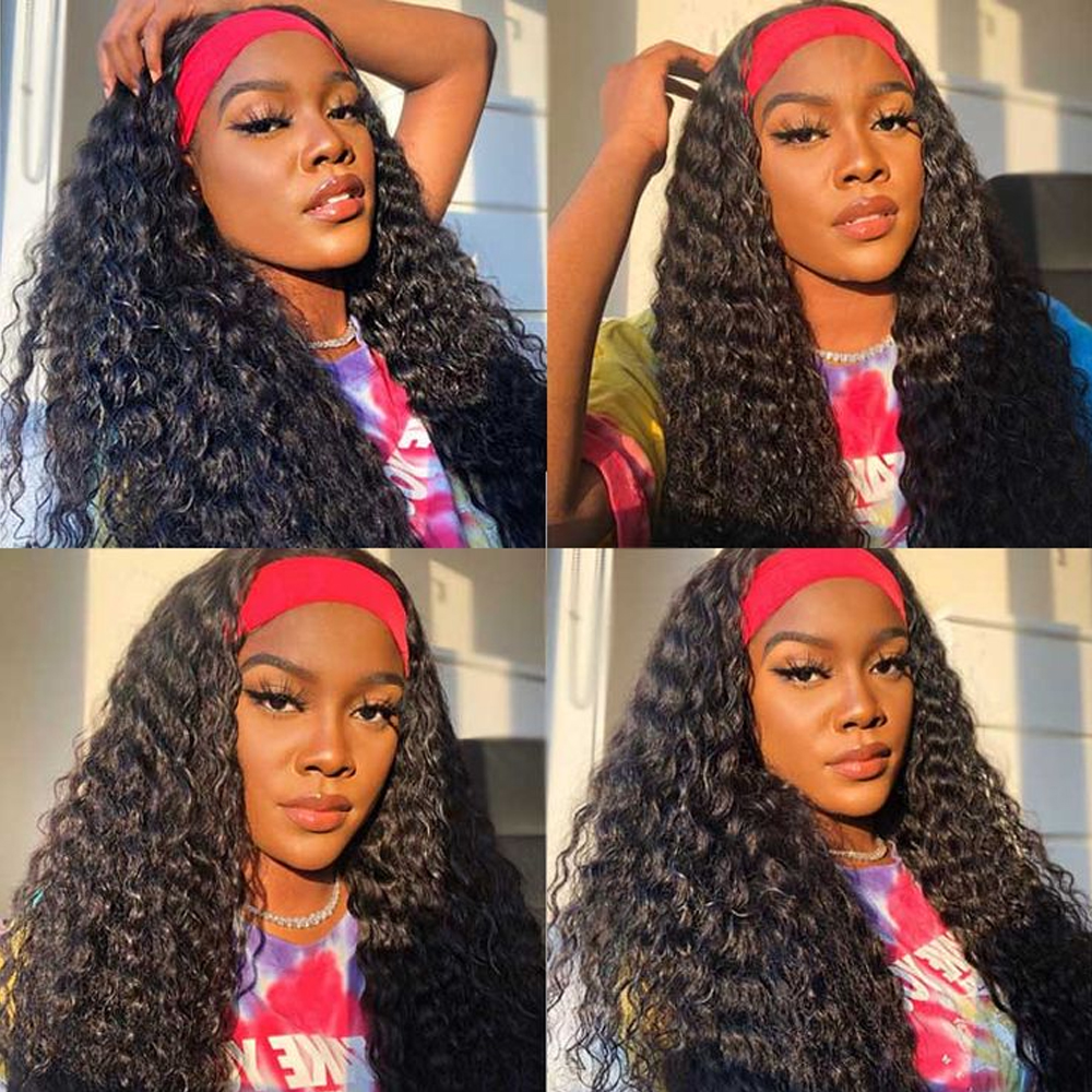 Deep Wave Headband Wig Human Hair Full Machine Made 250% Density Deep Curly Glueless Wig 100% Human Hair For Black Women Easy to Go