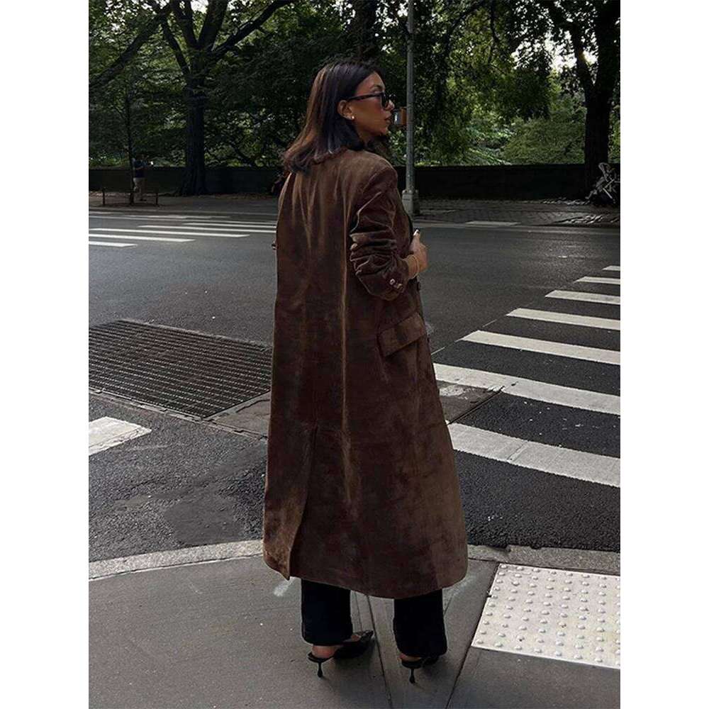 Elegant Suede Leather Women Long Windbreaker Coats Chic Lapel Double Breasted Lady Oversized Jackets 2024 Autumn Street Outwears