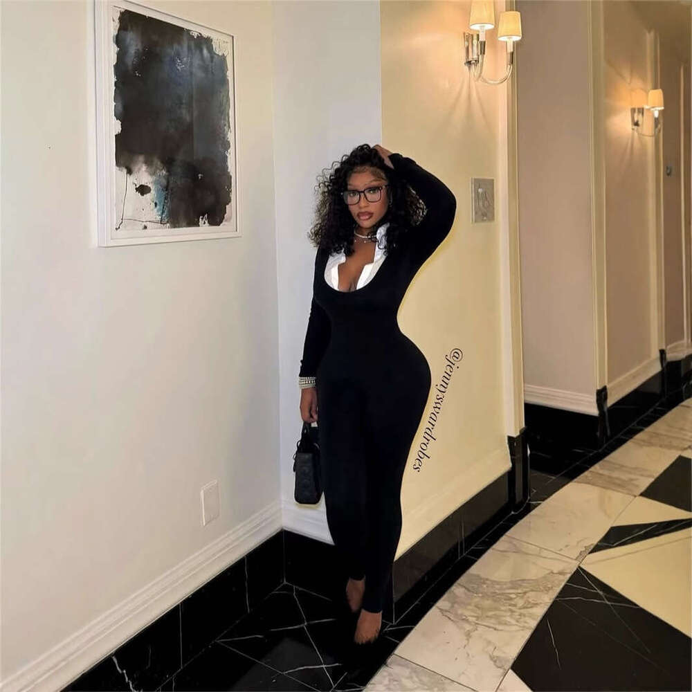 New Fashion Elastic Color-Block Fake Two-Piece Turn-Down Collar Long Sleeve Solid Color Jumpsuit For Women B5