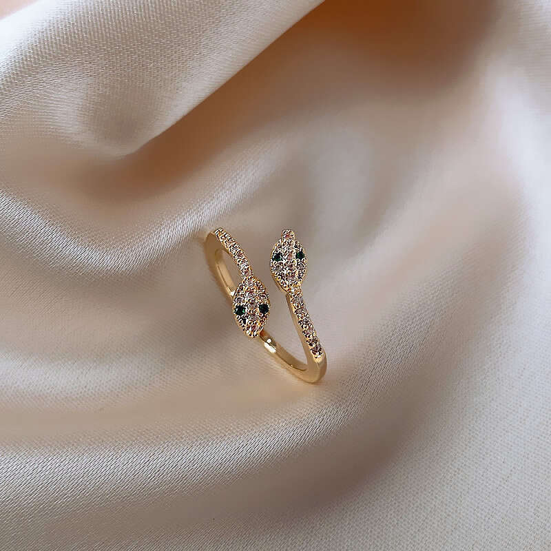 Exquisite Chinese Style Open Ring for Women, Light Luxury Internet Celebrity Index Finger Ring, High-end Sense with Inlaid Diamond Snake Head Zodiac J