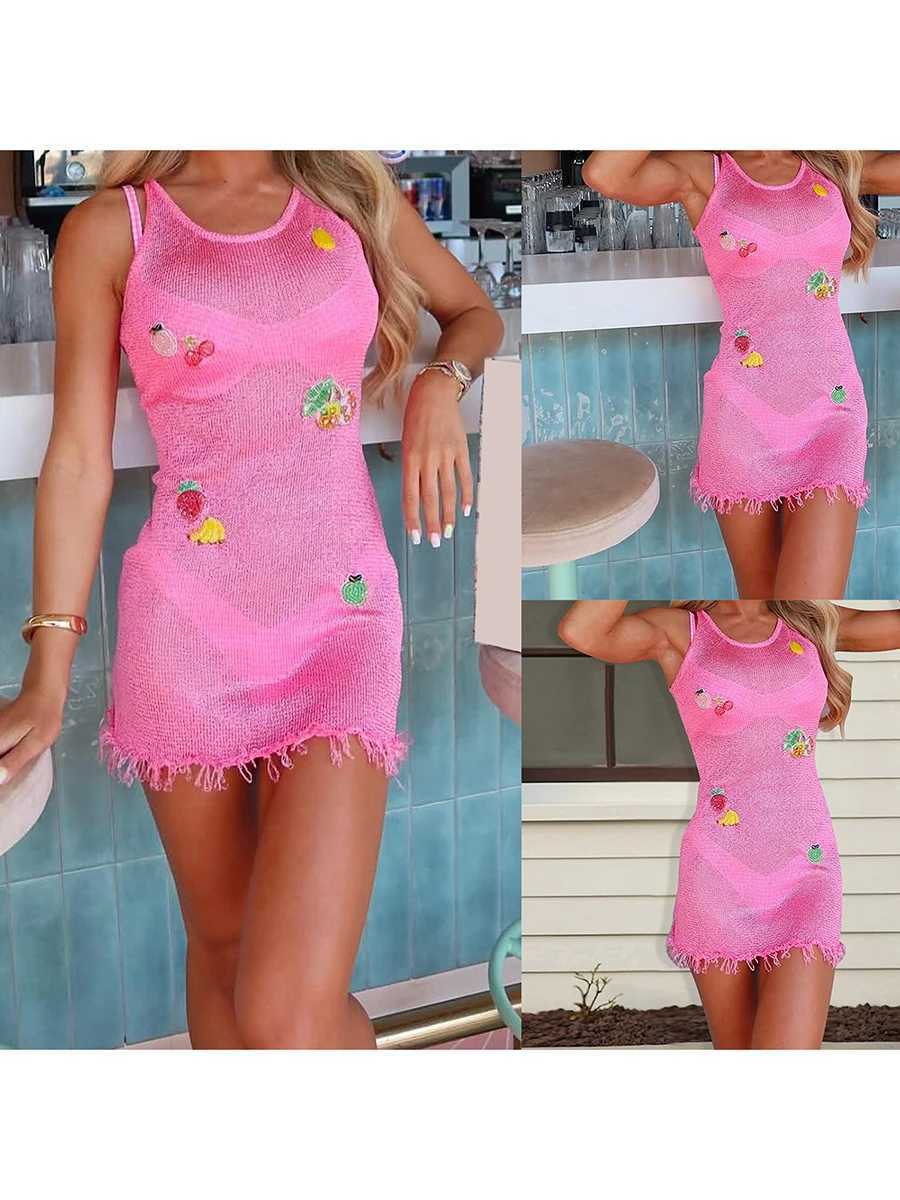Womens Sleeveless Knitted Dress with Round Neckline and Colorful Fruit Patchwork Design Perfect for Summer Beachwear Z250618