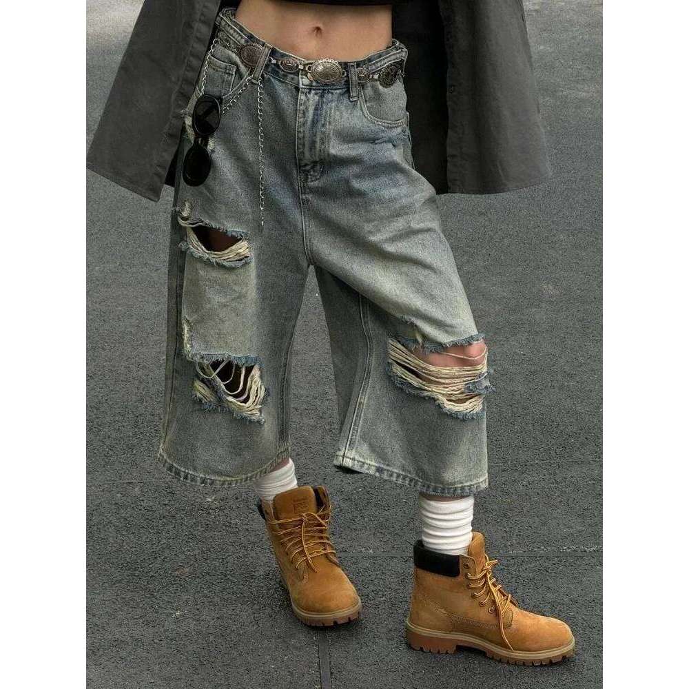Wear HOUZHOU Vintage Blue Ripped Short Jeans Women Oversized Distressed Jorts Y2k Grunge Baggy Boyfriend Denim Shorts Wide