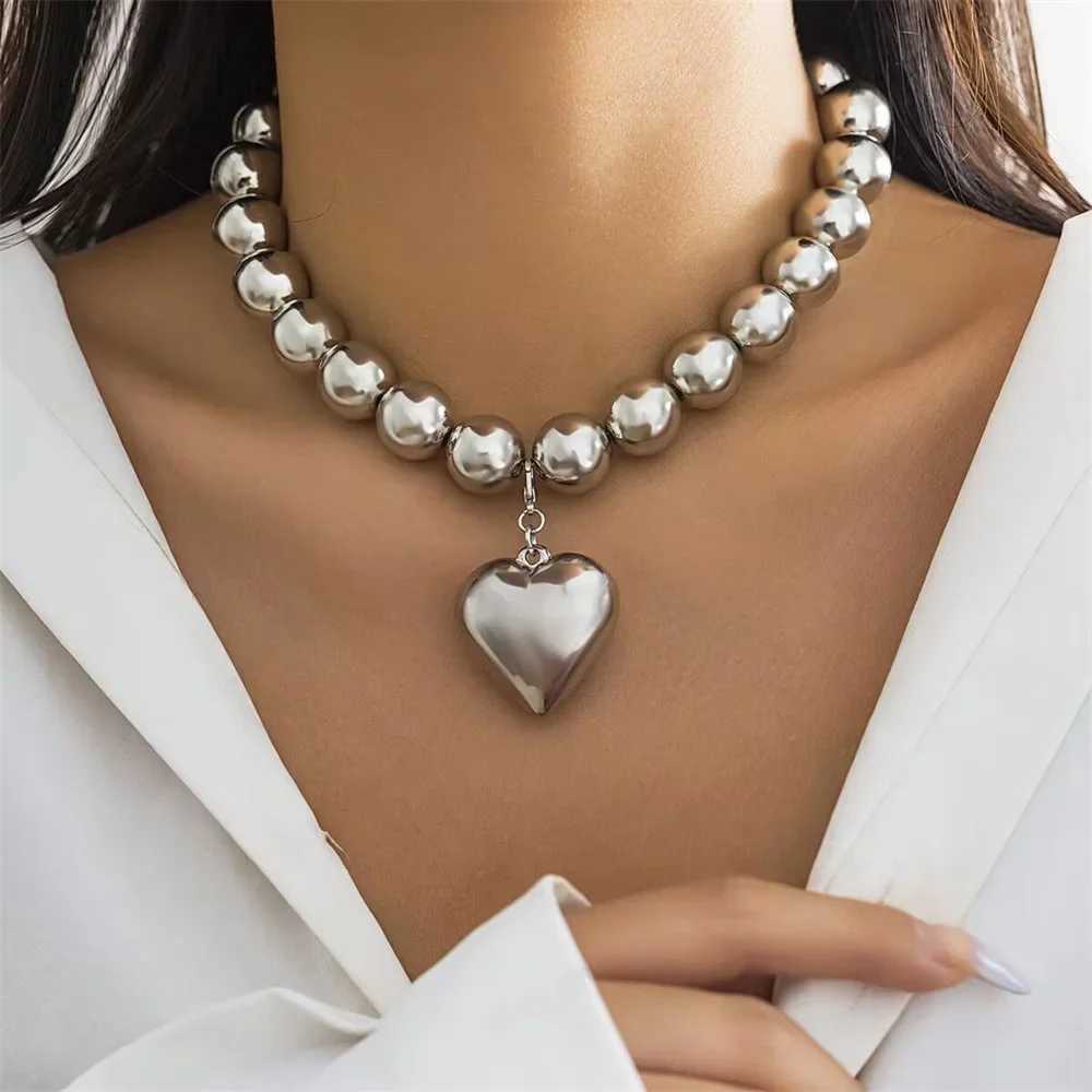 Boho Punk Silver-plate Big Bead Chain Heart Pendant Necklace For Women Vintage Fashion Female Baroque Hip Hop Choker Jewelry W250618
