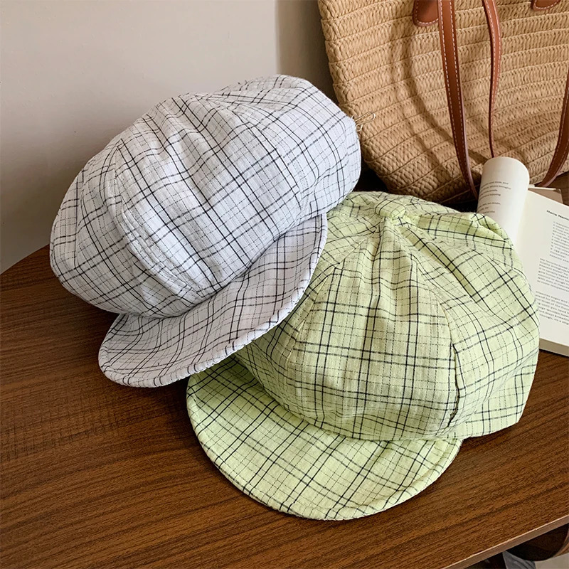 Ins Fresh Green Plaid Octagonal sboy Hats for Women Spring and Summer Show Face Small Retro Versatile Cloud Berets Cap 250604