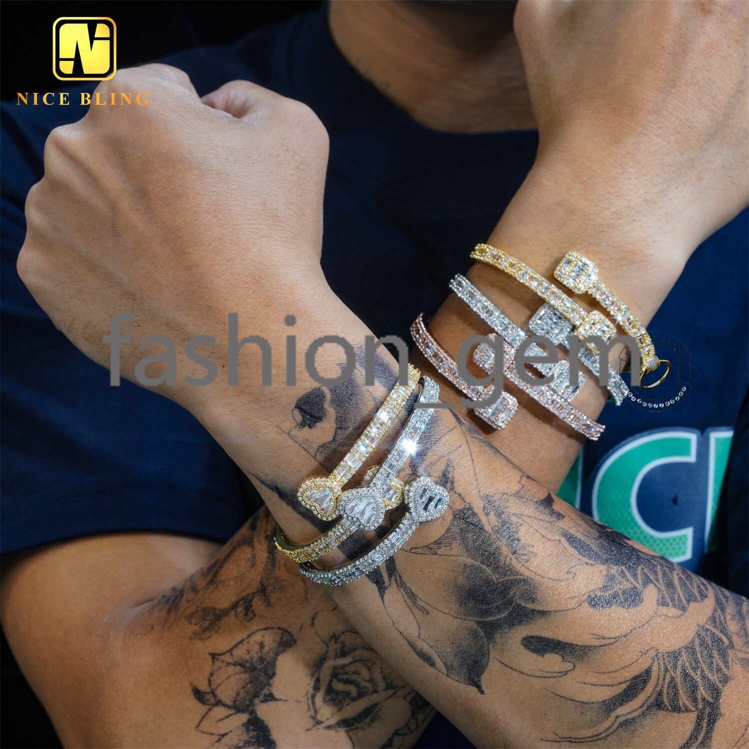Ready Stock Good Quality Affordable Iced Out Bangle Bracelet 18k Gold Plated Necklace moissanite Jewelry Hip Hop Rock Gifts