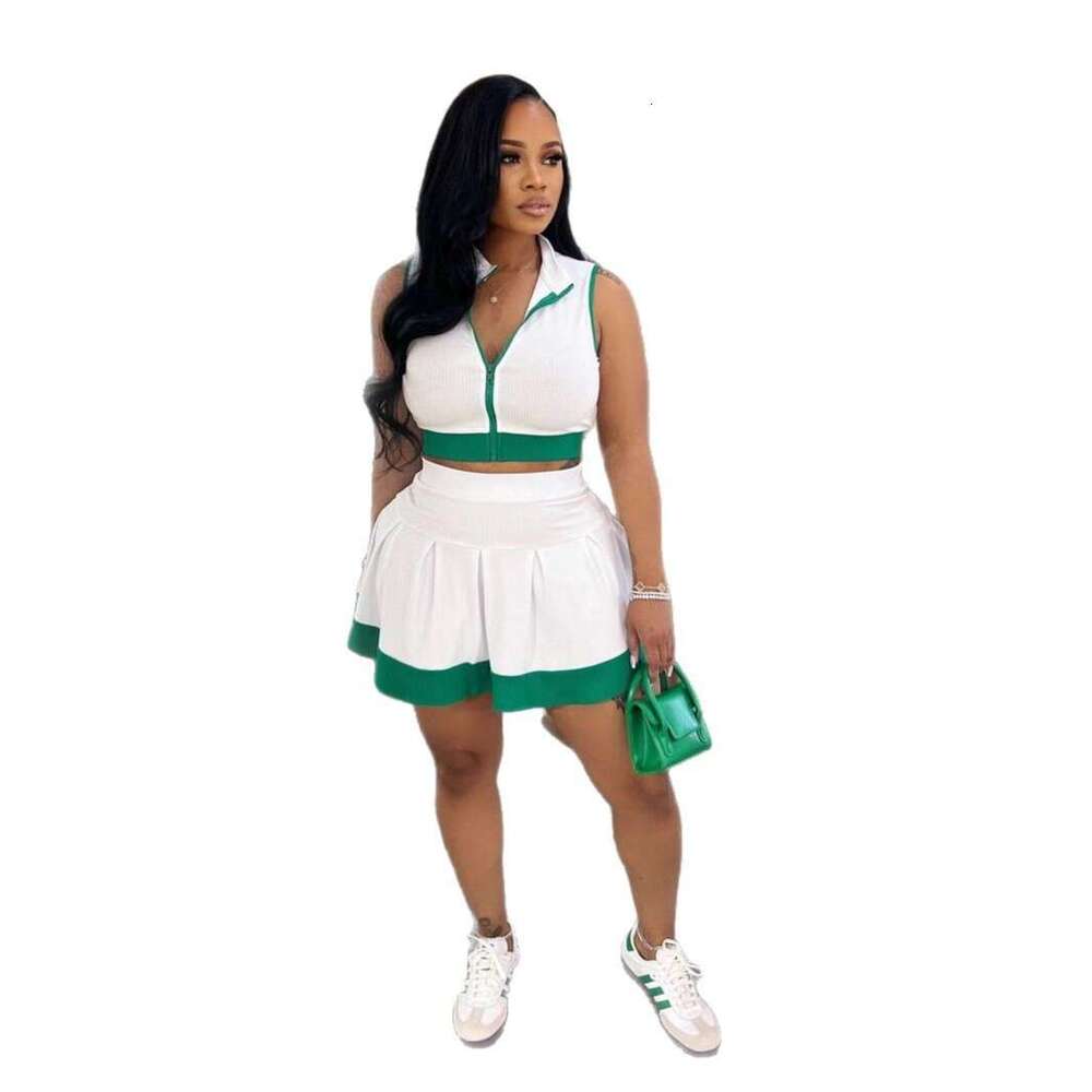 Summer Solid Color Zipper Single Sleeveless Top Waist-Length Casual Short Skirt Set For Women B5