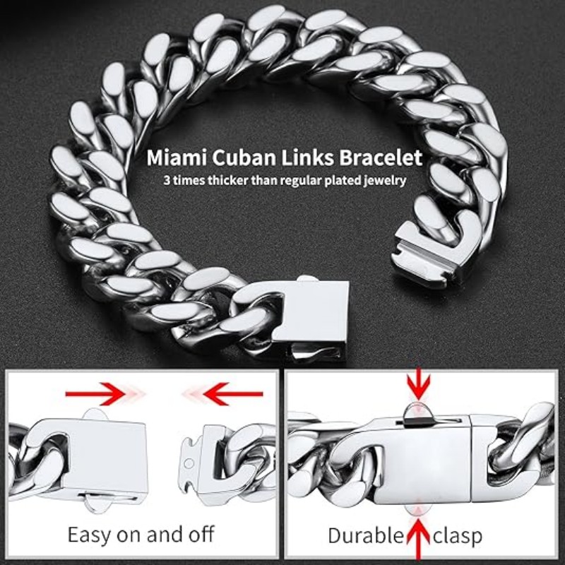 ChainsHouse Stainless Steel Cuban Link Bracelet for Men, Length, Black/18K Gold Plated Chain Wrist Bracelets for Men, with Gift Box