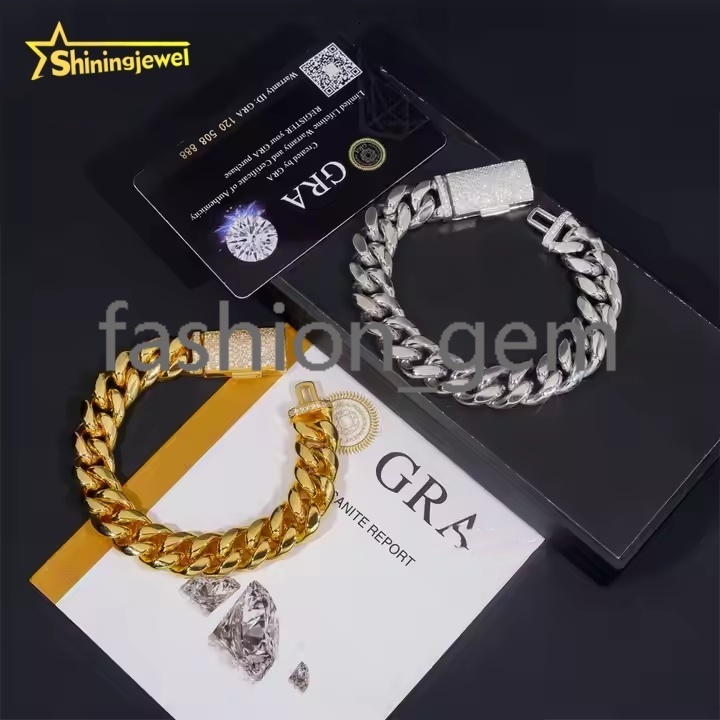 PVD Plated 14MM 925 silver Cuban Chains + 925 Silver VVS Moissanite Lock Fashion Men Hip Hop Necklace Bracelet