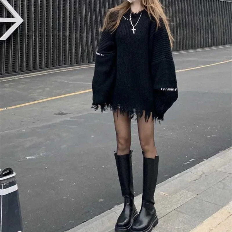 Black Loose Oversize Tassel Spliced Long Knitted Sweater Women Autumn Winter Patchwork Y2K Punk Gothic Sweater Knitwear Pullover 250614
