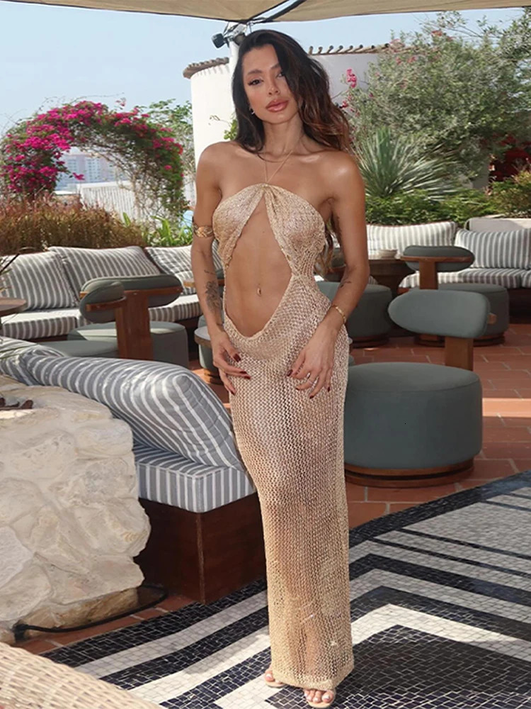 Sexy Hollow Out Knitted Long Dress Women Slim Sleeveless Tube Top Halter Holiday Dresses Summer Solid See Through Robe 250617