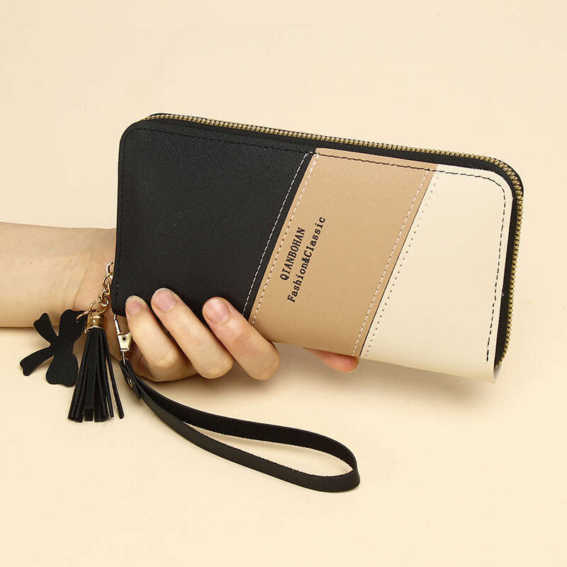New Style Long Wallet Women, Zipper Purse for Female Students, Korean Version, Color-Block Tassel Versatile Handheld Phone Bag