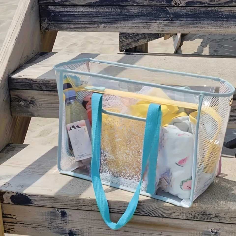 Capacity Transparent Mesh Beach Tote Bag - Waterproof Sandproof Ideal for Beach Sports Toy - Durable Clear PVC Design B250618