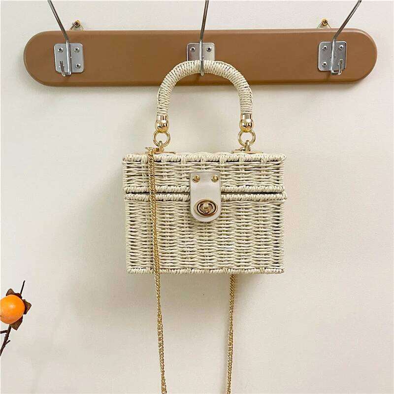 Rattan Straw Shoulder Bag Women Boho Hand-Woven Basket Messenger Pouch Summer Beach Square Box Top-handle Handbag for Lady