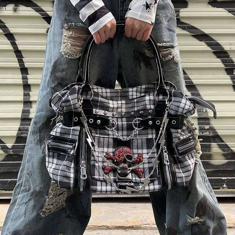 MBTI Plaid Y2k Womens Shoulder Canvas Punk Chains Fashion Tote Bag Aesthetic Haruku Style Casual Commuter Female Handbag