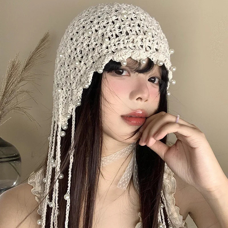 Lace-Knit Pearl Fringed Beanie Hat for Women - Ethnic Summer Crochet Pull-On Cap in Vintage Style 250618