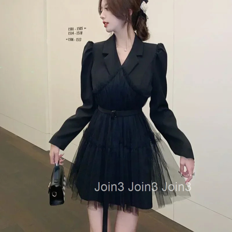 Splicing Female Dress Black White Elegant and Pretty Casual Youth One Pieces Korean Style Aesthetic Womens Long Sleeve Dresses