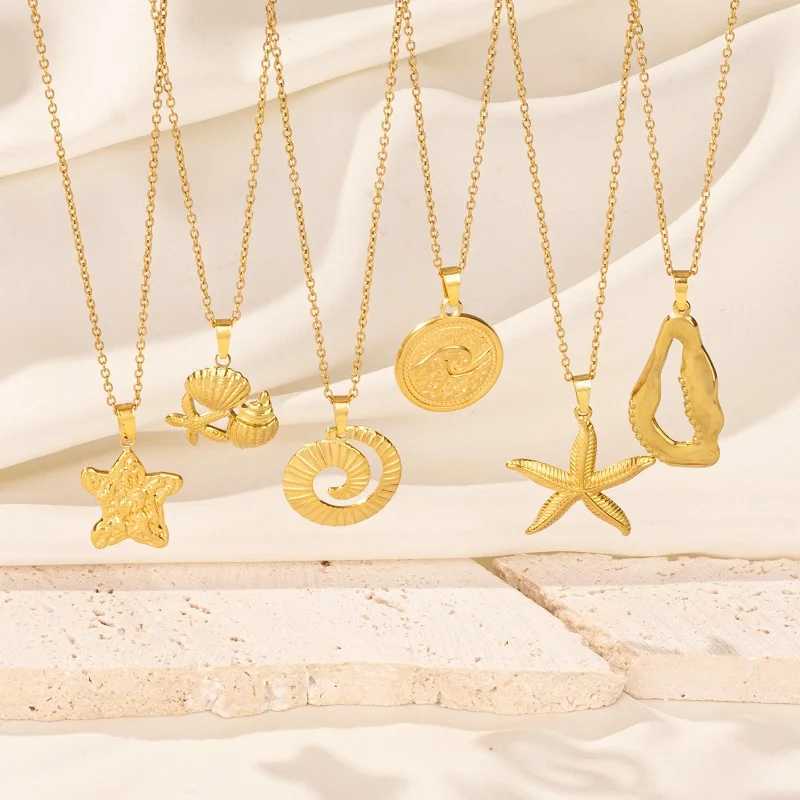 1Pc Stainless Steel Textured Starfish Conch Shell Pendant Women Necklaces Sea Animal Seahorse Shark Men Grunge Collares Jewelry W250618