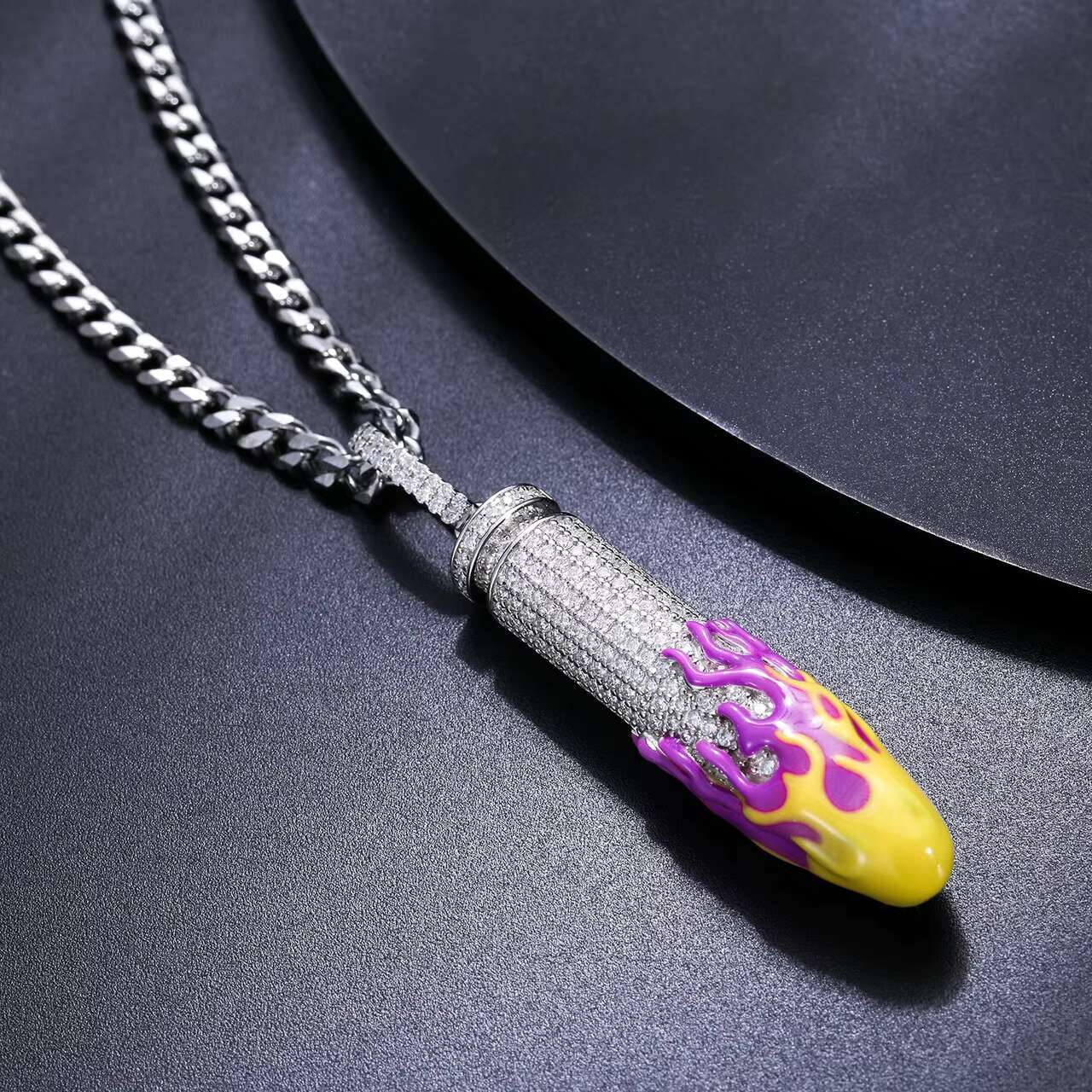 Hot Selling Stylish Hip Hop Style 925 Silver Iced VVS Moissanite Diamond Pendant Necklace Glow Dark Bullet Design Necklace