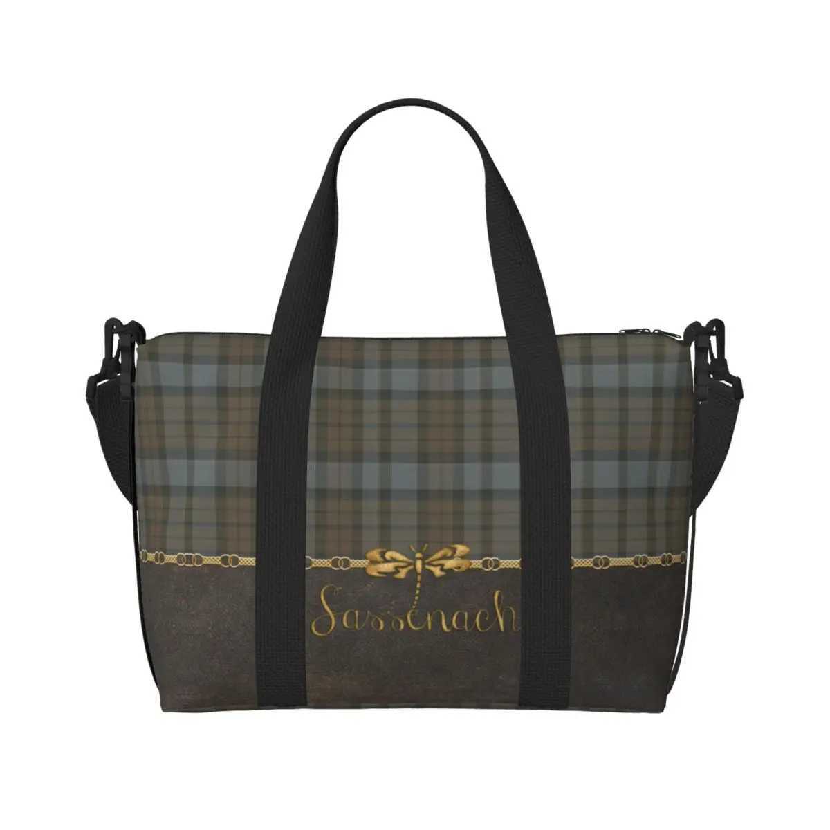 Custom Leather And Tartan Sassenach Dragonfly Pattern Tote Bag Large Capacity Modern Plaid Check Texture Gym Beach Travel Bags W250618