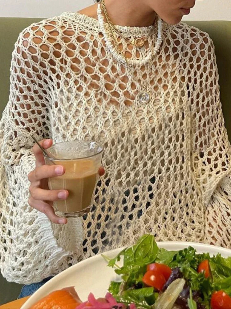 Fashion Vintage Hollow Out T-shirt Casual Knit Pullovers Loose Y2K T-shirt Crew Neck Thin Sweater Pullovers Elegance Street Wear 250614