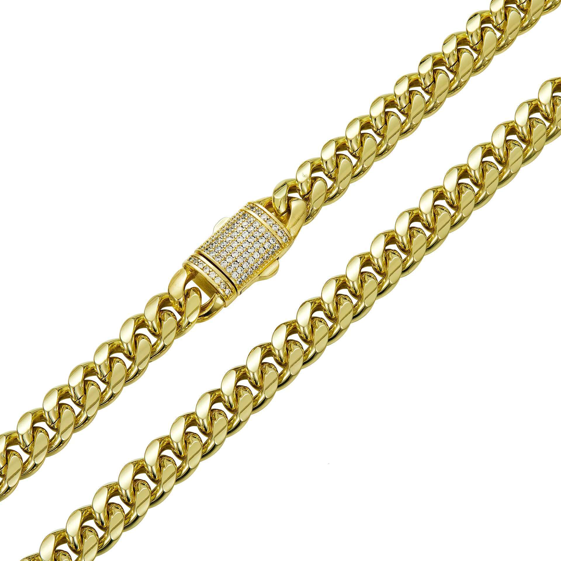 Mens Hip Hop Style Miami Cuban Link Chain 14K Gold-Plated Stainless Steel Trendy Fashion Jewelry Zircon Diamond Geometric