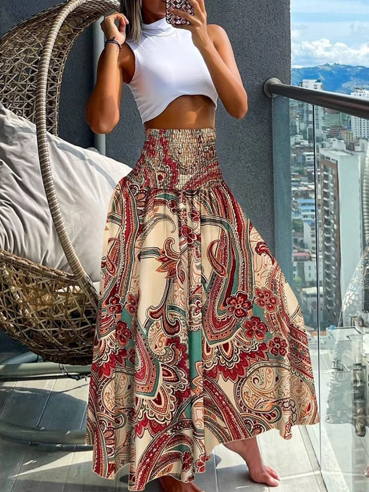 Boho Print Skirts For Women Summer Casual Elastic High Waist Aline Big Swing Long Dress Vacation Beach Party Skirt Robe 250617