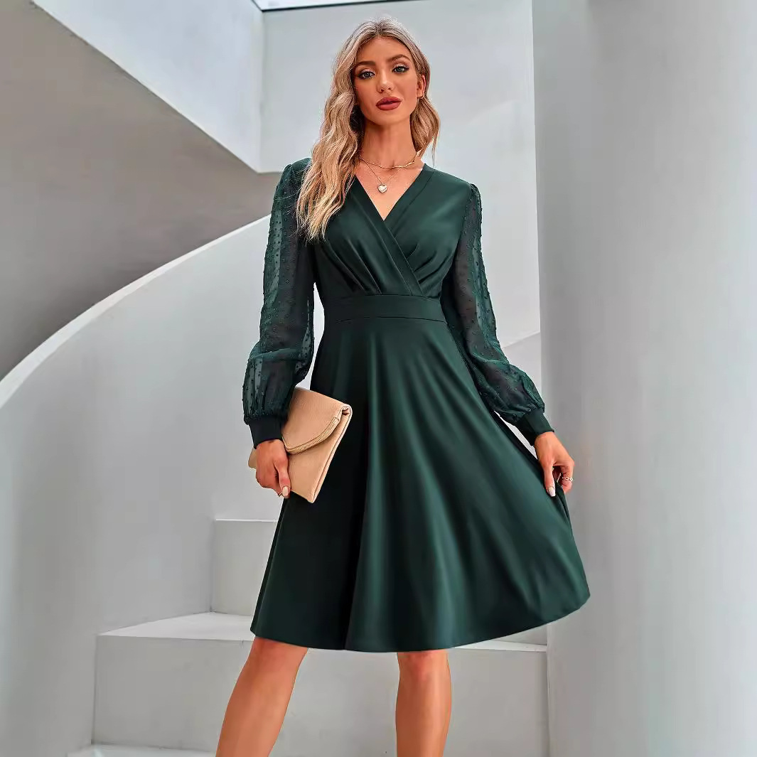 Womens 2024 Autumn/Winter New Casual V-neck Solid Color Jacquard Dress for Women