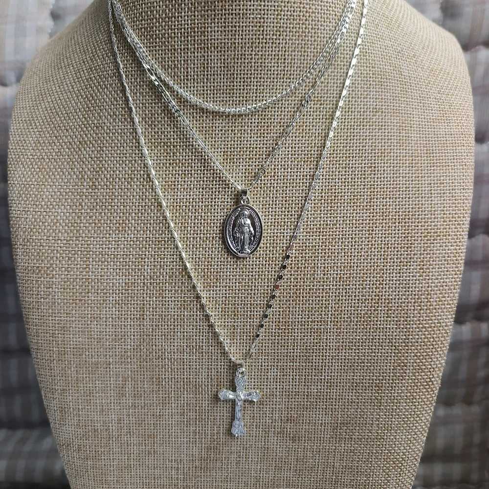 Three Layer Necklace Oval-shaped Virgin Mary Madonna Pendant Jesus Cross Metal Plated Chain Women Gift W250618