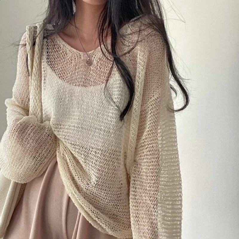 Women Hollow Out Sexy Loose Shirts Knit Lantern Sleeve Casual Tops Beach Mesh Chic Tees For Women Autumn Winter 250614
