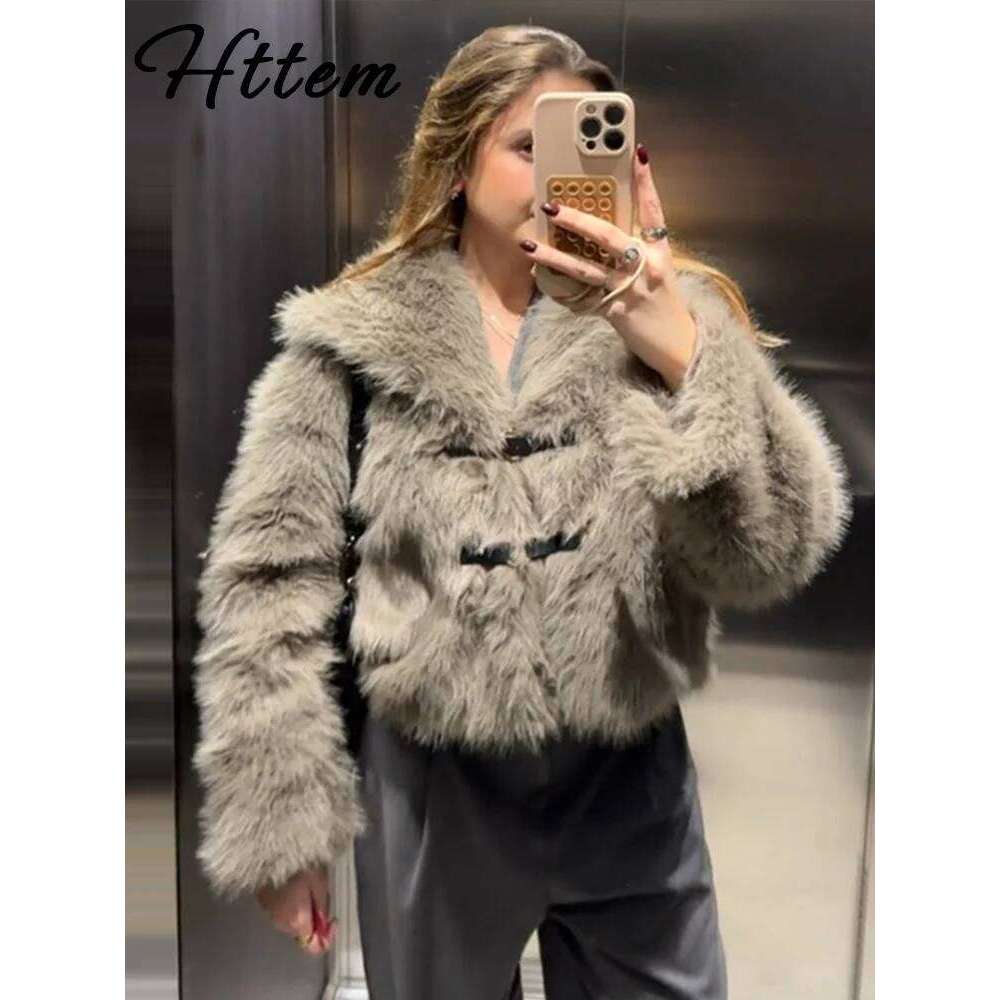 Winter Faux Fur Jacket Women Loose Fluffy Lapel Brown Long Sleeve Warm Jackets 2024 Autumn Thicken Lady Coat