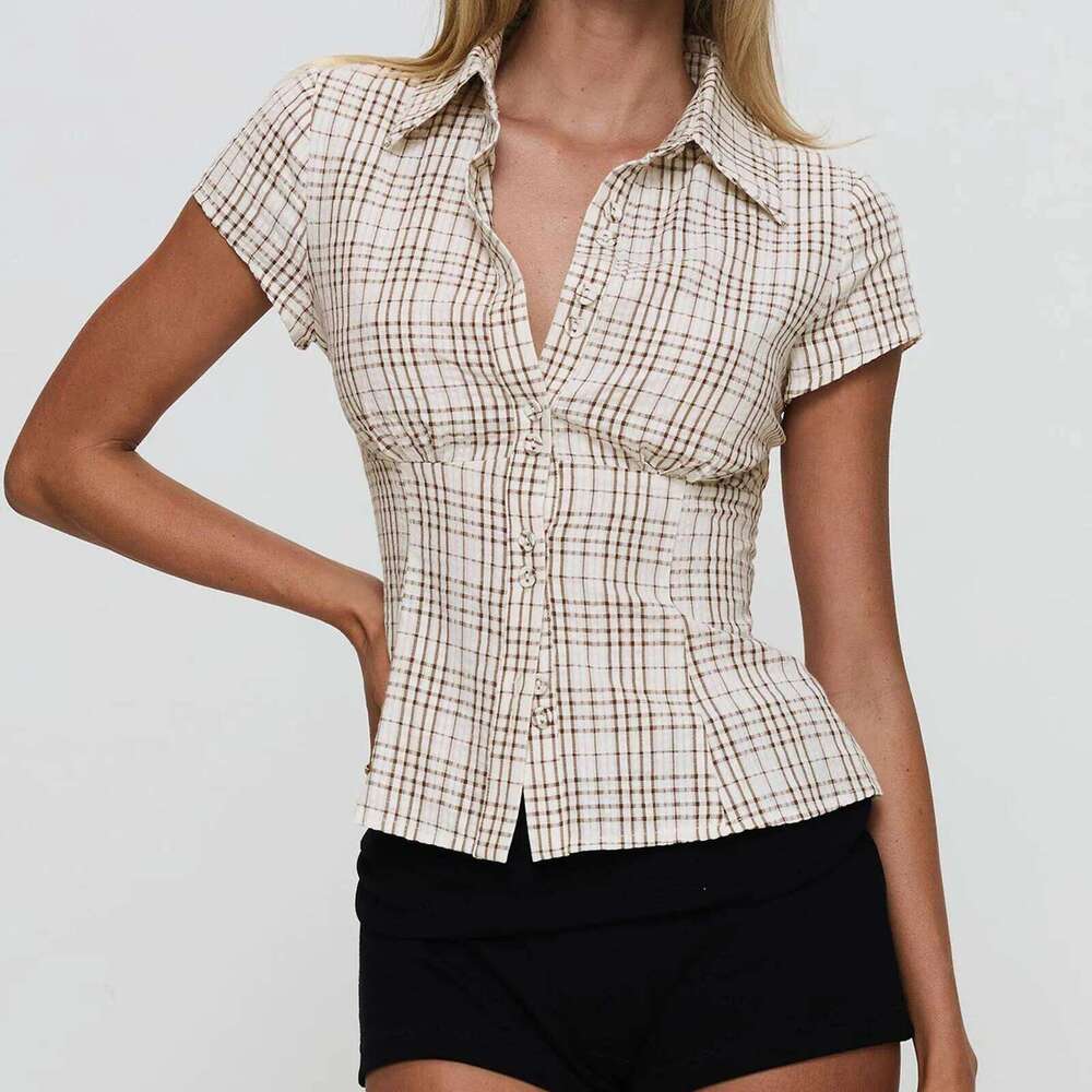 Hirigin Women's Y2k Short Sleeve Plaid Button Down Blouses Casual Summer Shirt Tops 90S Streetwear