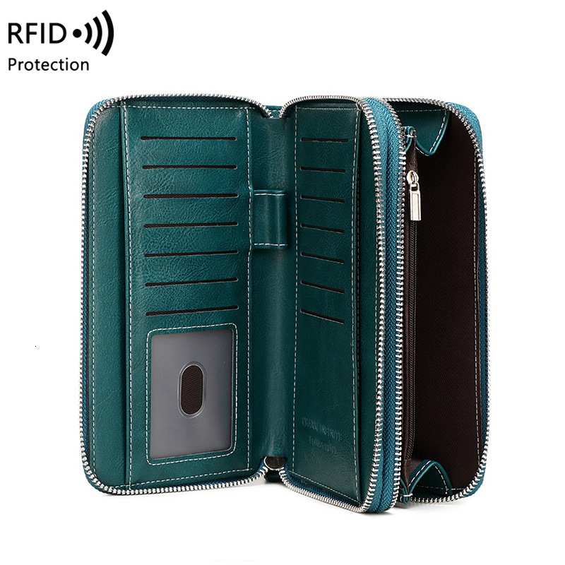 Free Shipping New RFID Anti-theft Women's Wallet Double Zipper Long Designer Wallet European And American Retro Large Luxury Capacity Clutch Fash