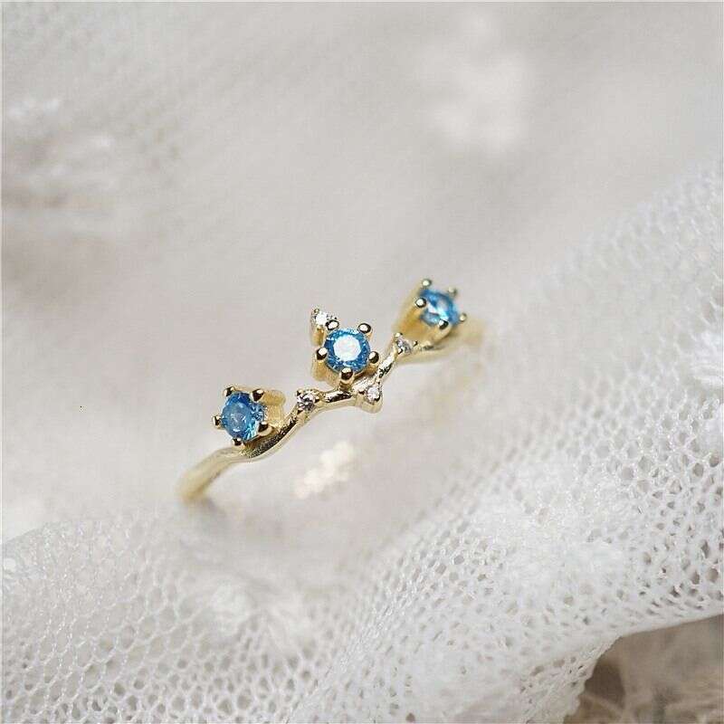 Light Luxury Micro Paved Blue Zircon Open Ring Ins Gold Color Thin Band for Women