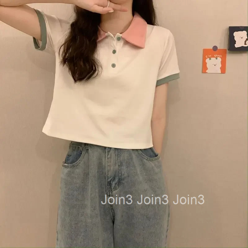 Slim Polo Neck T Shirt for Women Summer Outfit Woman Tshirt Womens Short Sleeve T-shirt Korean Clothing Polyester Trend 2025 In