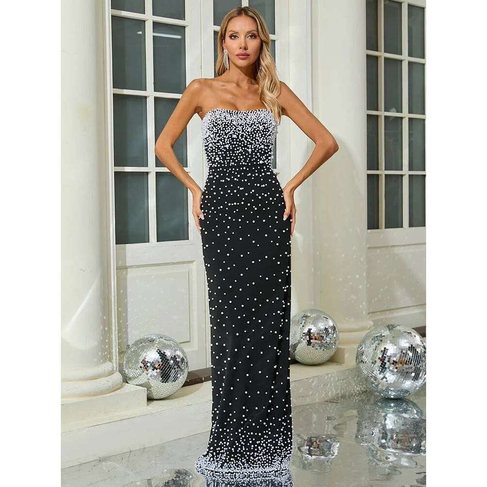 Black Strapless Pearls Embellished Long Dress For Women Sleeveless Beaded Bodycon Party tail Evening Gown