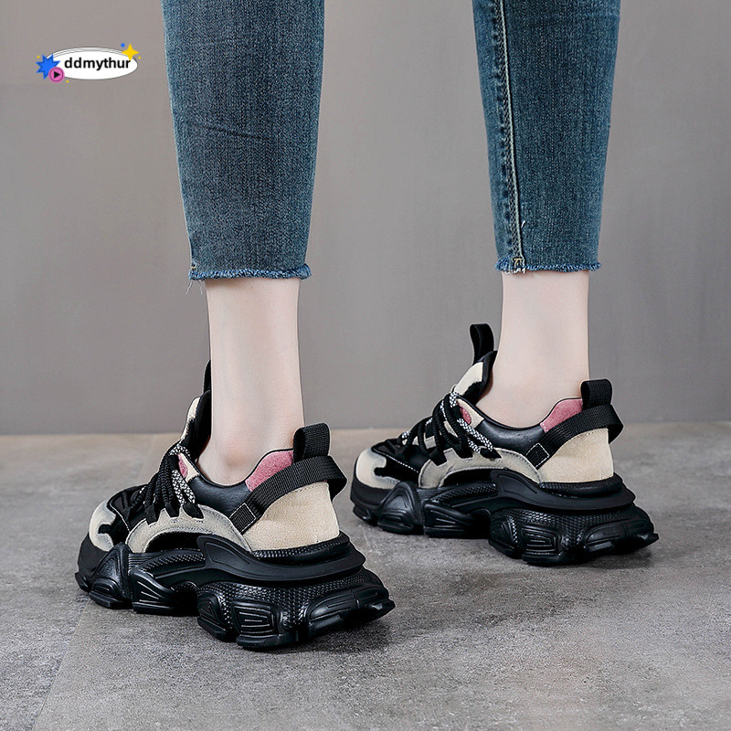 Top Layer Cowhide Dad 2025 Spring and Autumn New Platform Thick Sole Height Increasing Casual Sports Shoes for Petite Women ddmythur