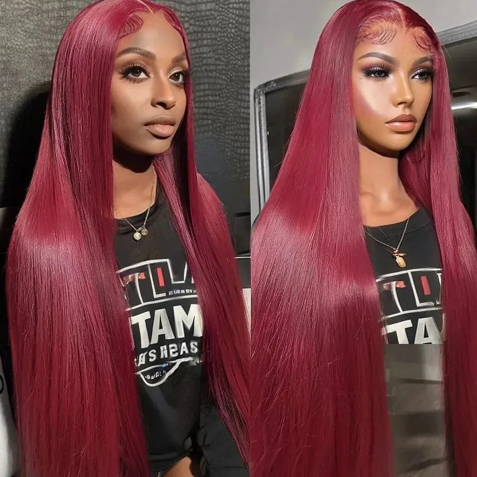 99j Burgundy Hd Human Hair Lace Frontal Wig 13x4 Brazilian Bone Straight Red Colored Lace Front Human Hair Wigs 30 40 Inch Synthetic For Women